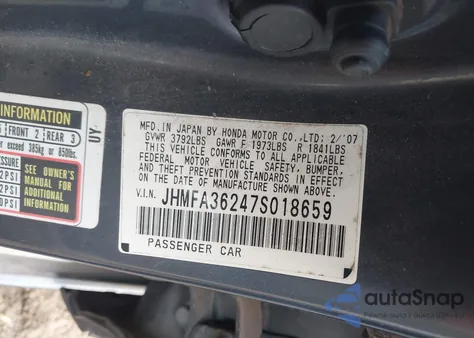 2007 Honda Civic Hybrid z USA, uszkodzony, nr VIN JHMFA36247S018659